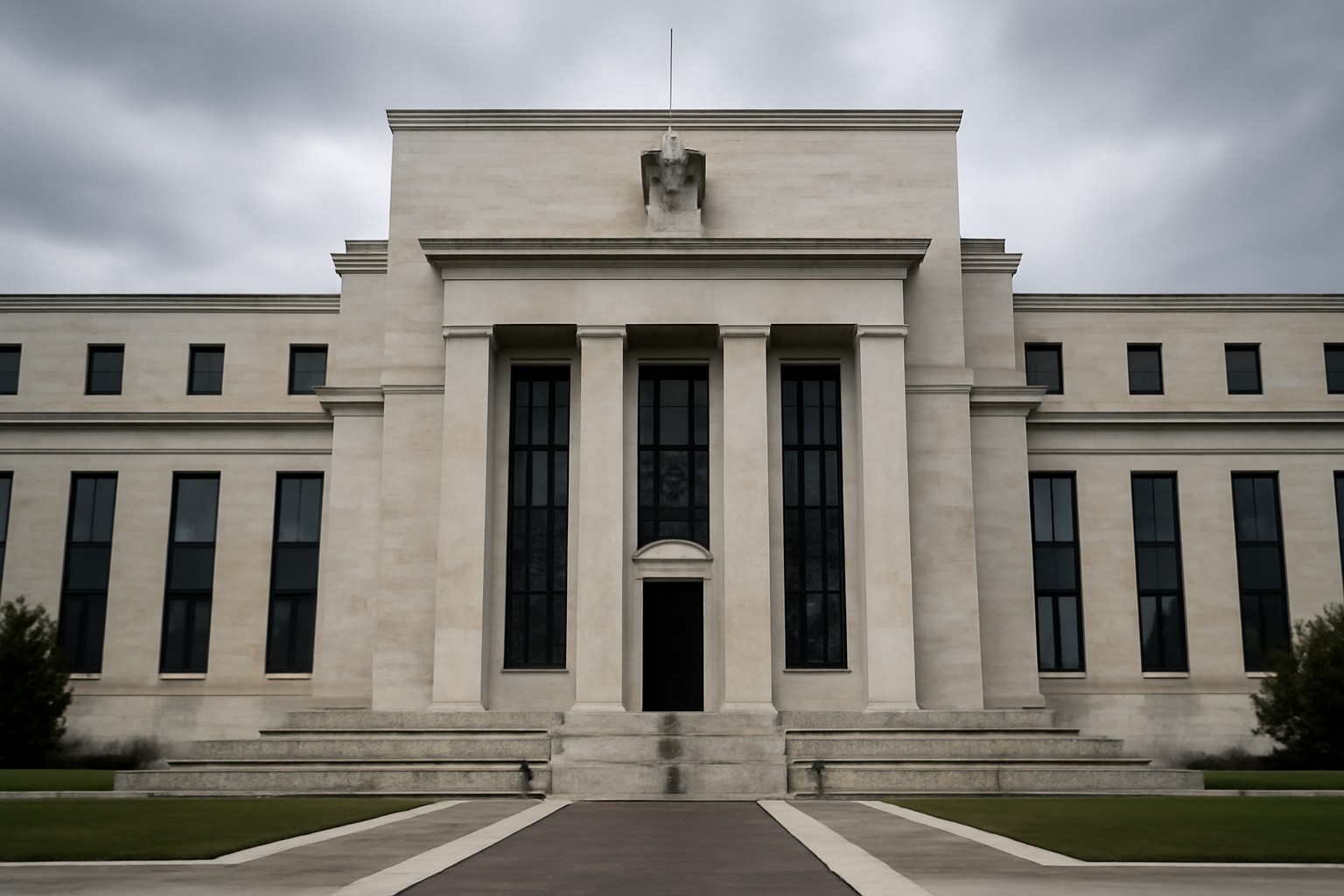 Federal Reserve building facade in Washington, D.C. under a cloudy sky