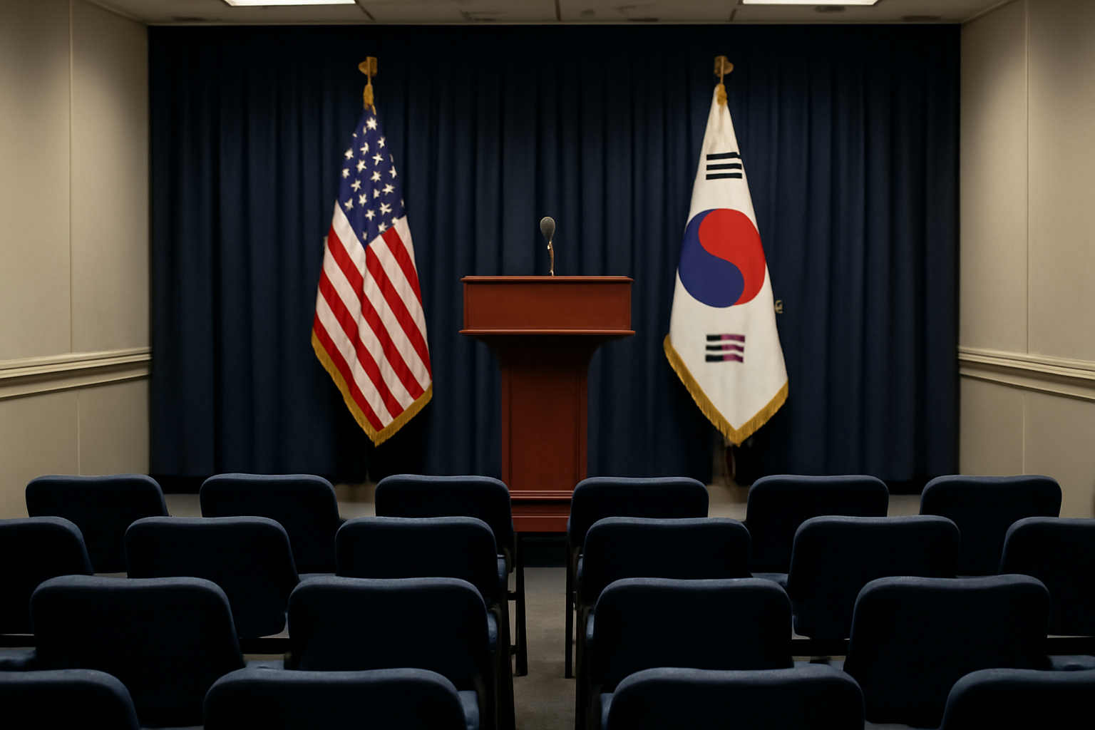 A lectern set up for a joint U.S.-South Korea economic announcement with both nations' flags displayed