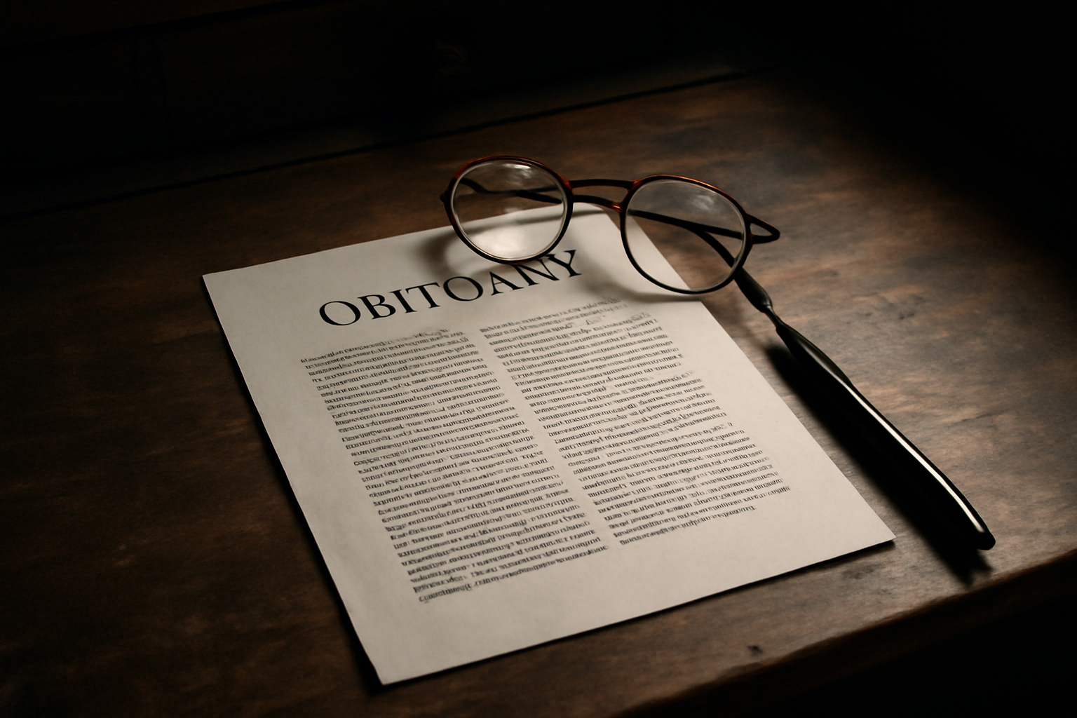 An empty wooden desk with a single typewritten obituary page and reading glasses, dim archival lighting