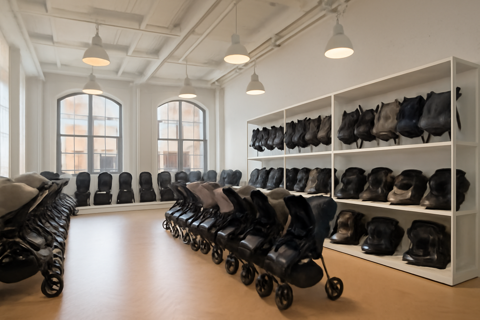 Interior of a large baby-products showroom with strollers and car seats on display