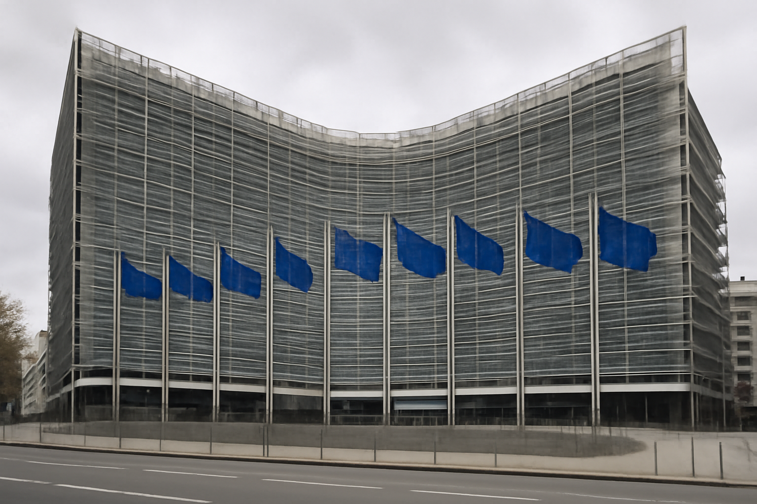 European Commission building in Brussels with EU flags outside