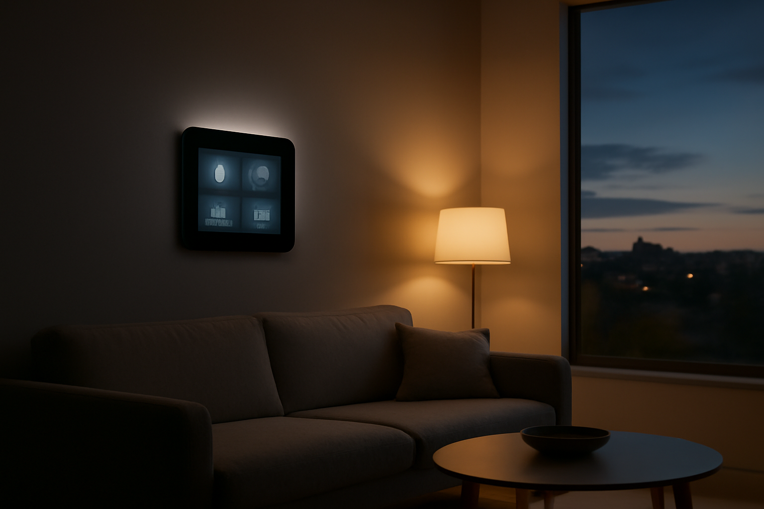 A wall-mounted smart home control panel glowing softly in a minimalist living room