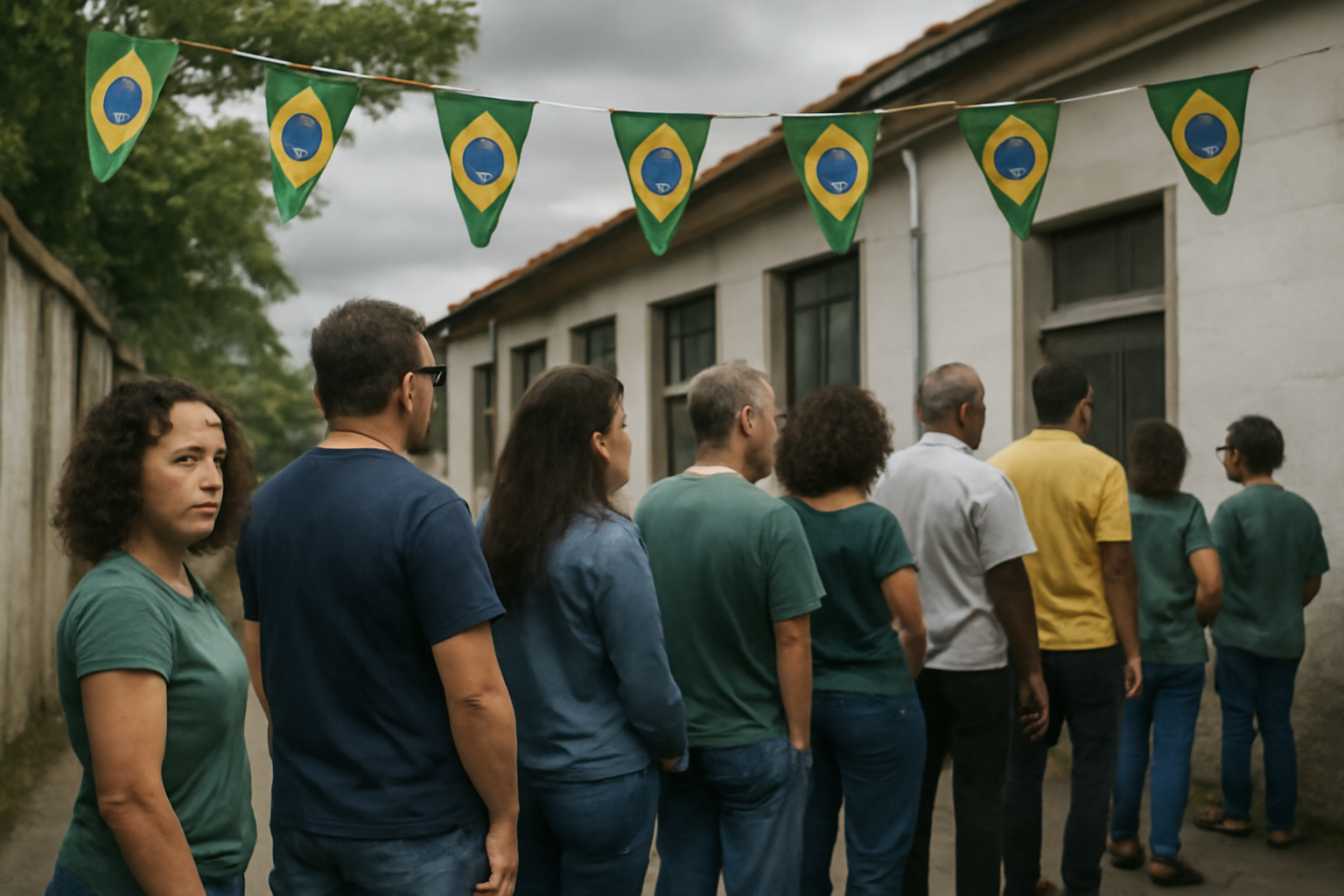 Voters lining up outside a polling station in Brazil beneath national flag bunting