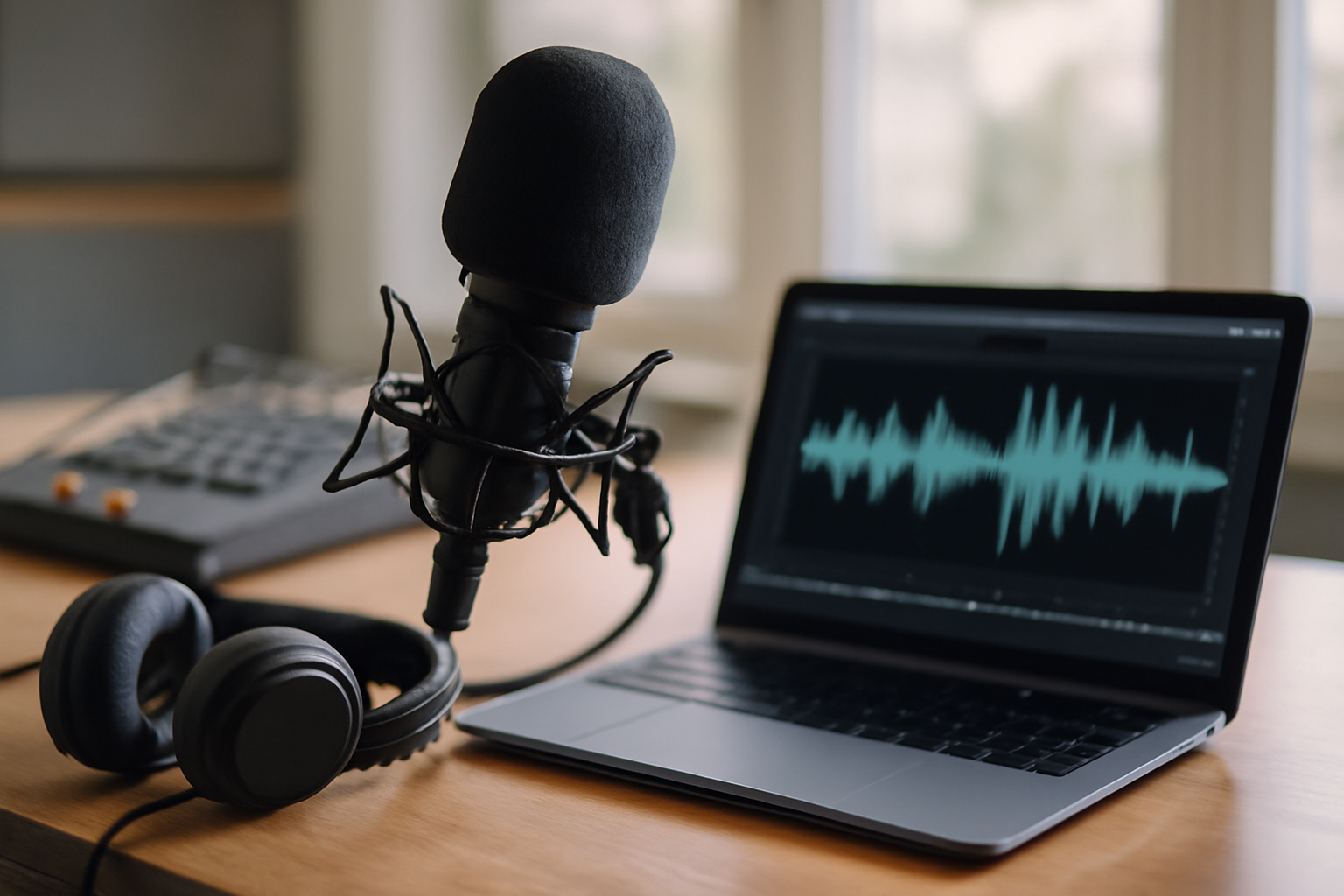 A studio microphone and a laptop displaying an audio waveform on a desk, with headphones resting beside it.