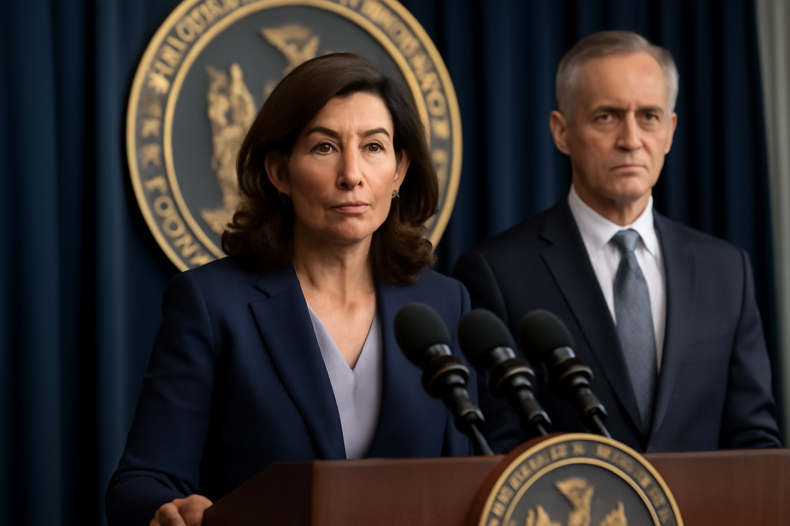 New York Governor Kathy Hochul speaks at a podium flanked by Attorney General Letitia James during a news conference