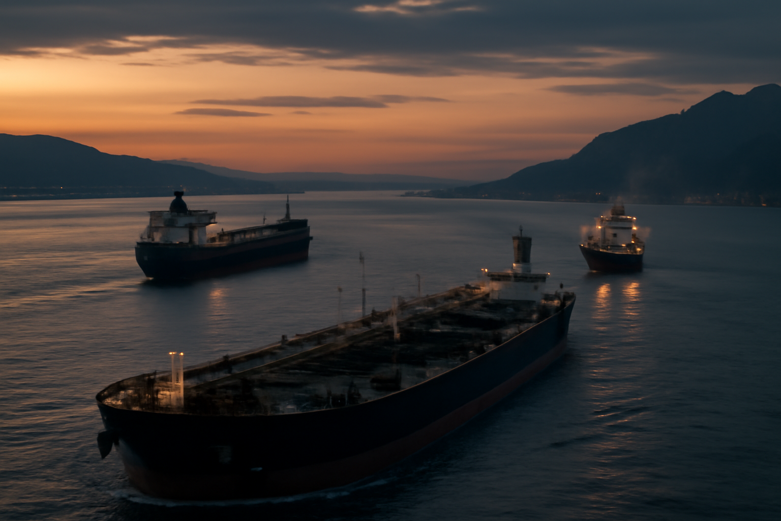 Oil tankers passing through a narrow strait with container ships visible on the horizon
