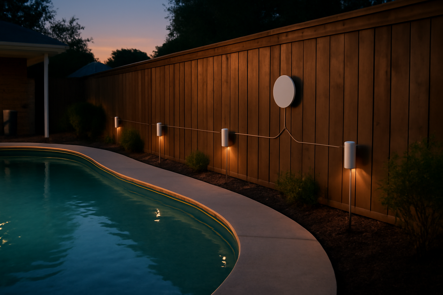 Backyard pool perimeter lined with white mosquito-repellent devices connected by cable to a wall-mounted control hub