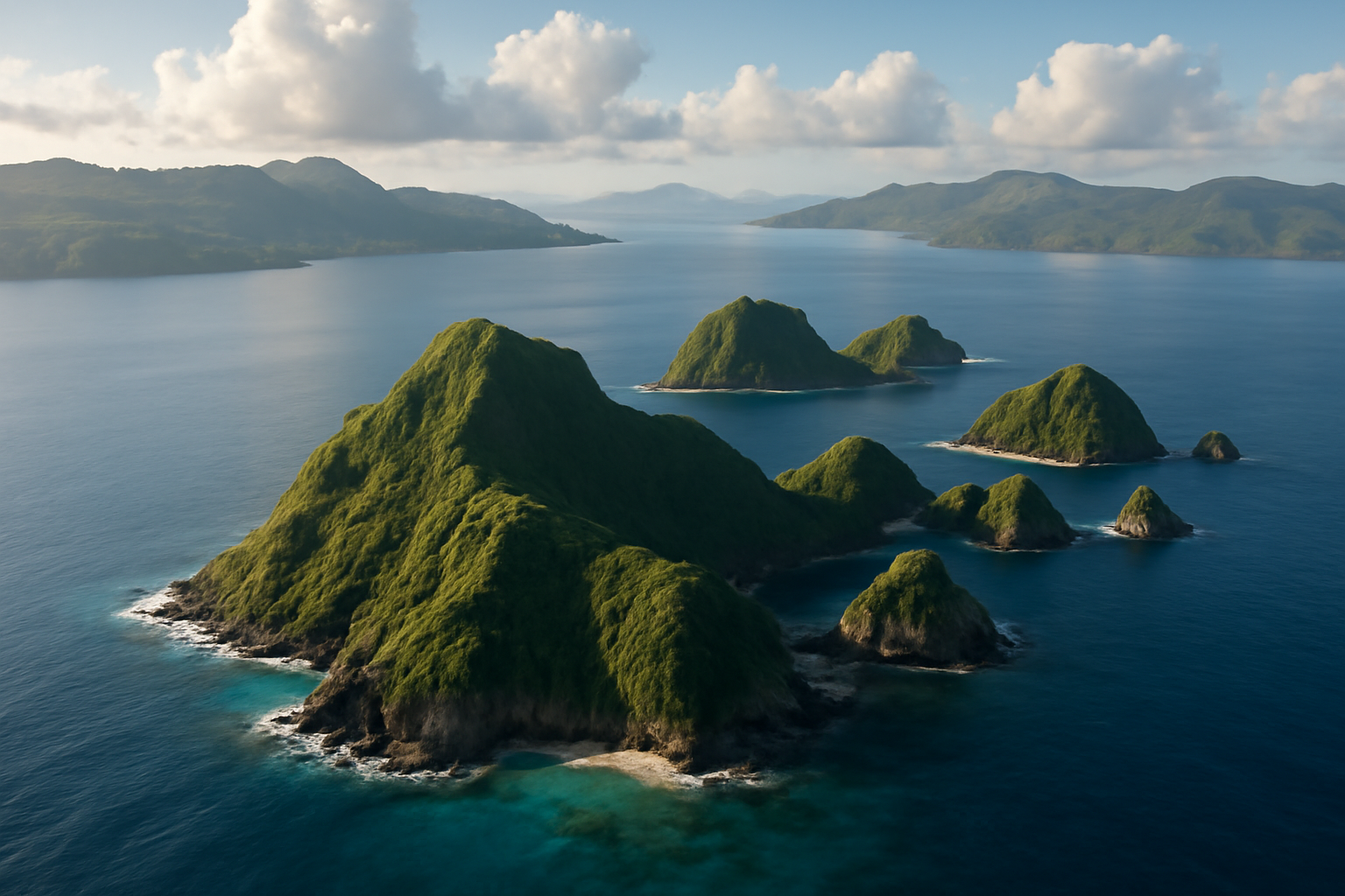 Aerial view of a small mountainous island chain surrounded by blue channel waters near Taiwan