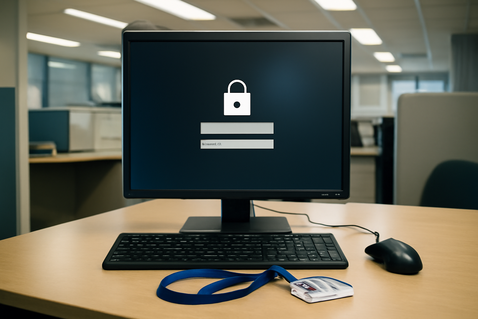 A hospital administrator's hands typing on a keyboard beside a locked computer screen displaying an NHS login prompt
