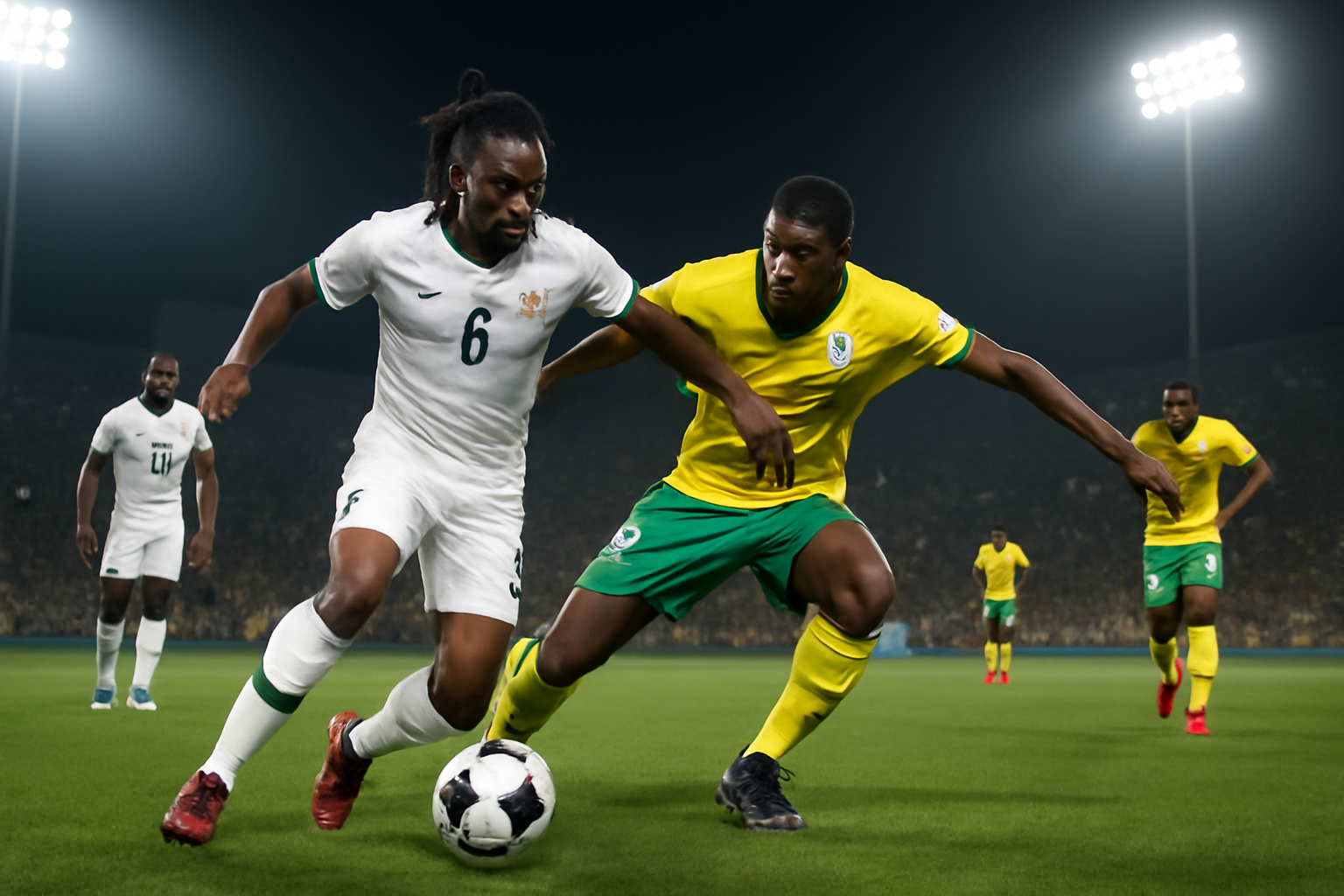 Soccer players in orange and green jerseys competing for the ball on a grass pitch under stadium lights