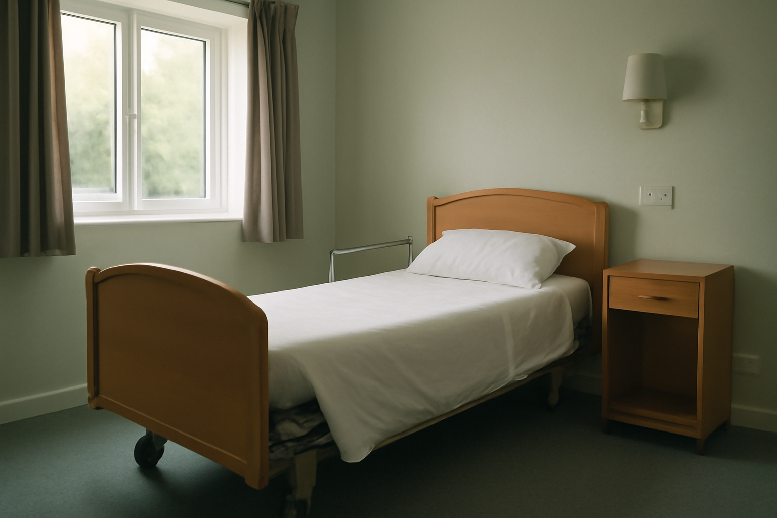 Empty hospital-style bed in a care home room with morning light through a window