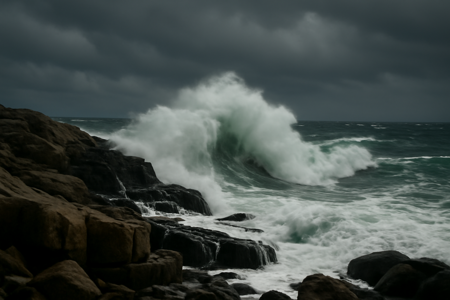 Storm waves crashing against a rocky East Coast shoreline under dark gray clouds