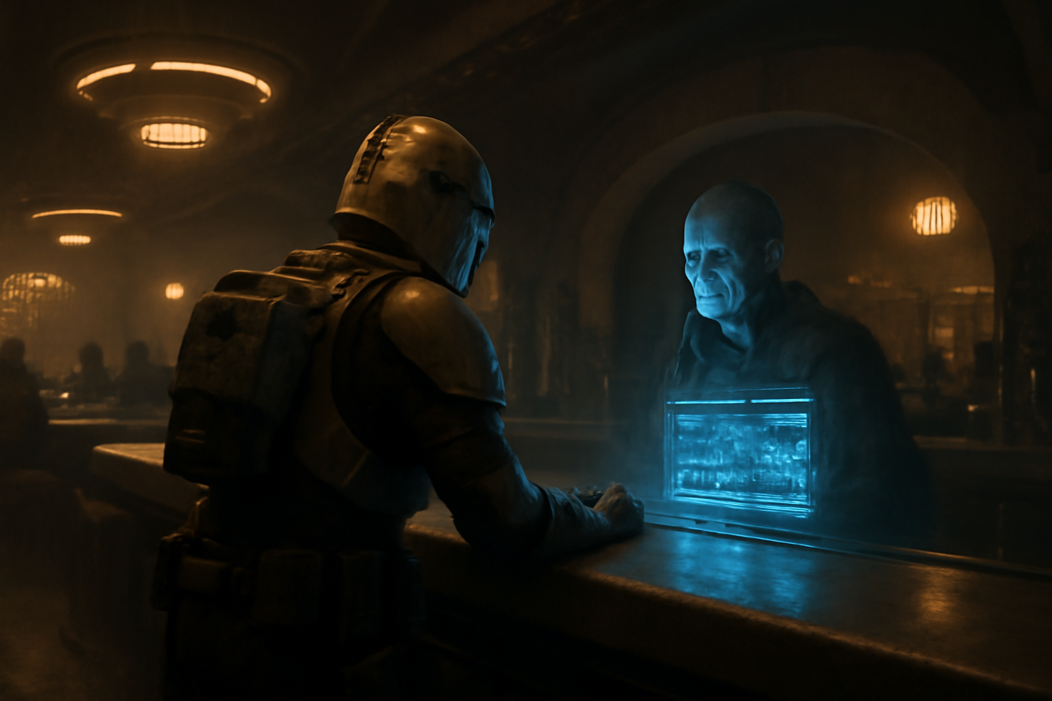 N7-armored protagonist facing an alien bar patron in a dim sci-fi cantina setting