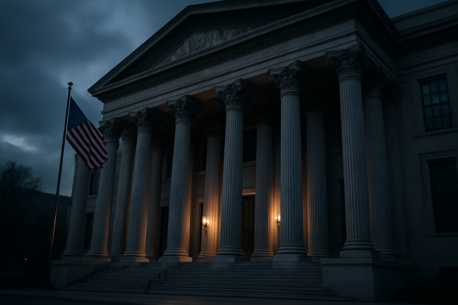 Federal appeals courthouse exterior with American flag at dusk