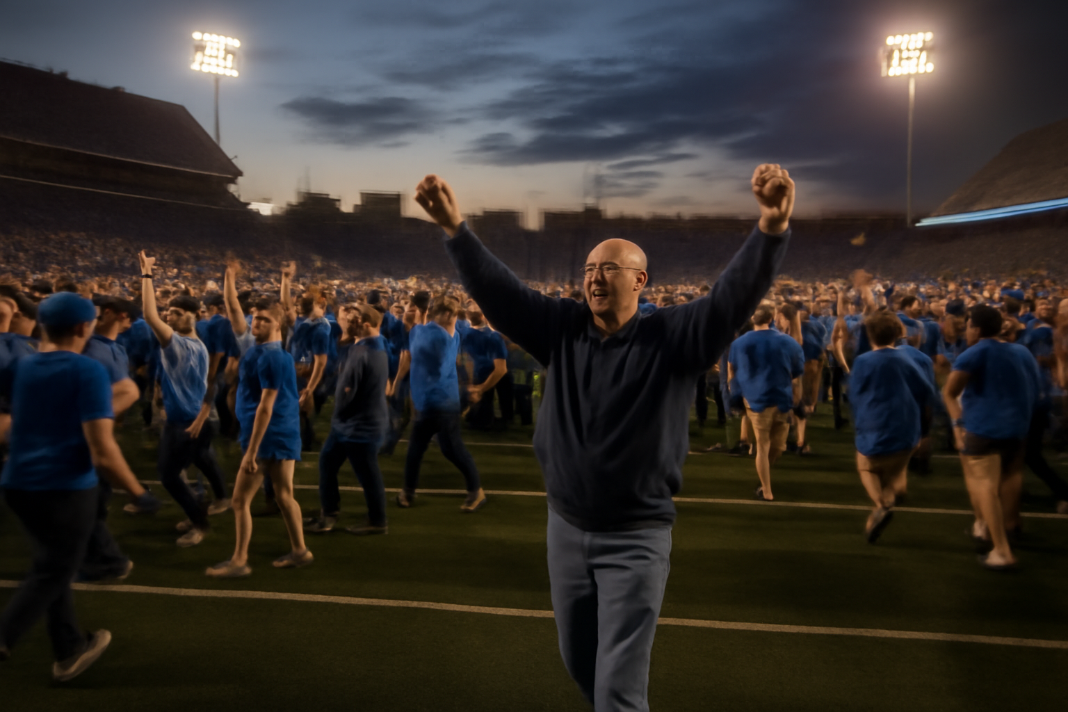 Kentucky football fans and a man with arms raised walking onto a stadium field after a game
