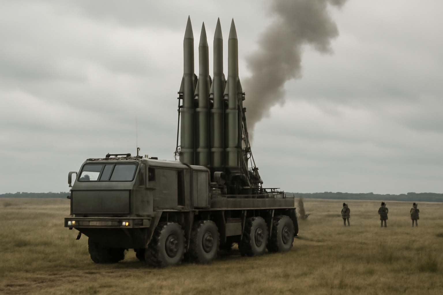 Military missile launcher on a mobile platform against a cloudy sky during a test drill