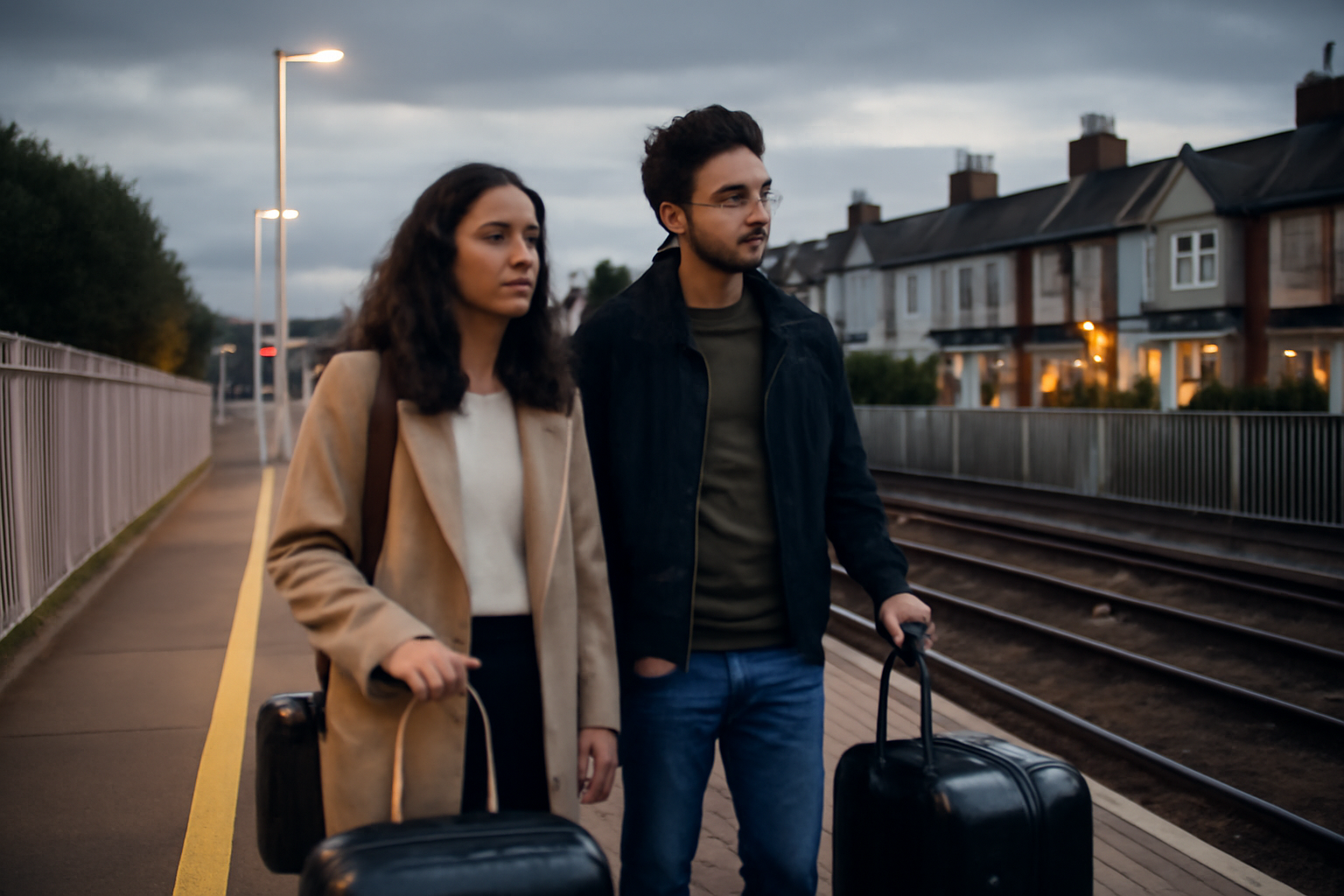 American couple with suitcases standing on a train platform outside London
