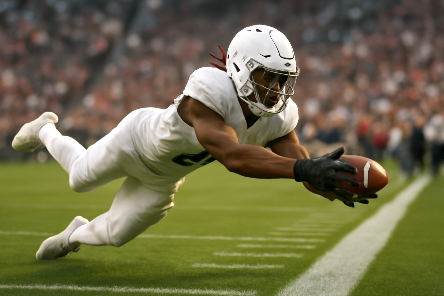 A football receiver reaches for a pass near the sideline chalk line during a college football game