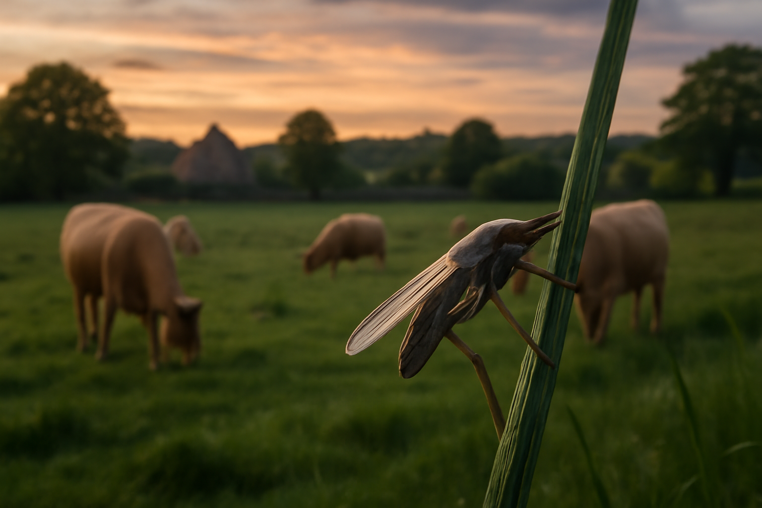 A biting midge insect on a blade of grass in a French pasture with cattle grazing in the background