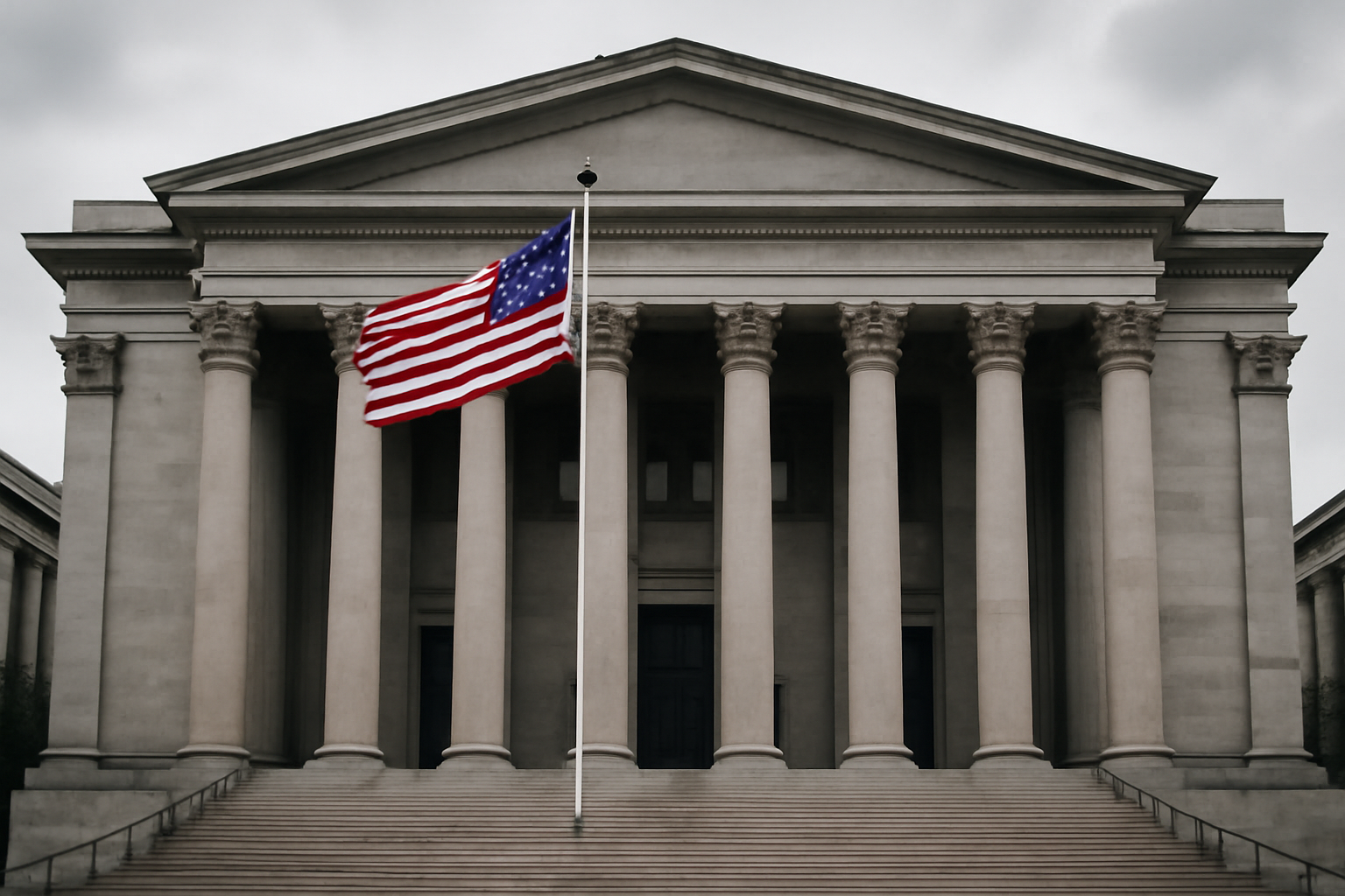 Federal courthouse exterior with American flag, symbolizing denaturalization proceedings