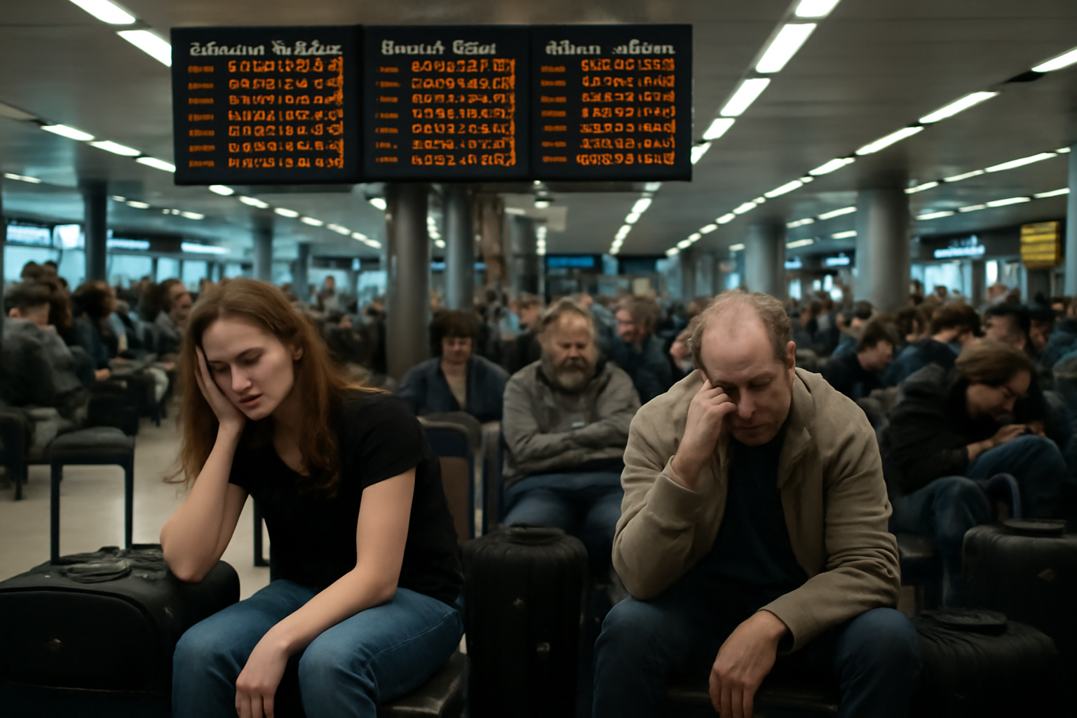 Empty departure boards displaying cancelled flight notices at a UK airport terminal