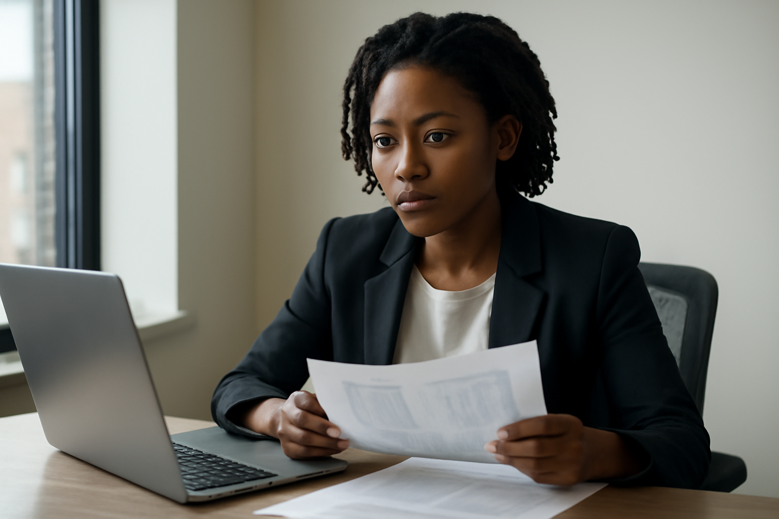 A venture capitalist reviews financial documents at a desk with a laptop showing bank account balances