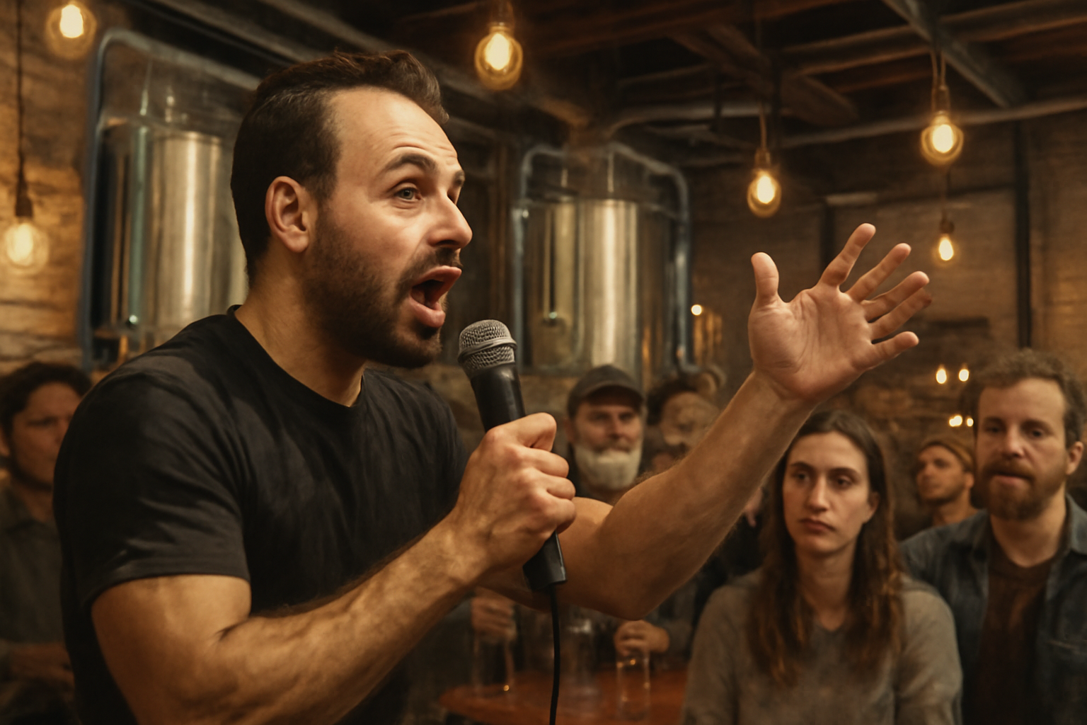 Louis Rossmann speaking at a crowded event