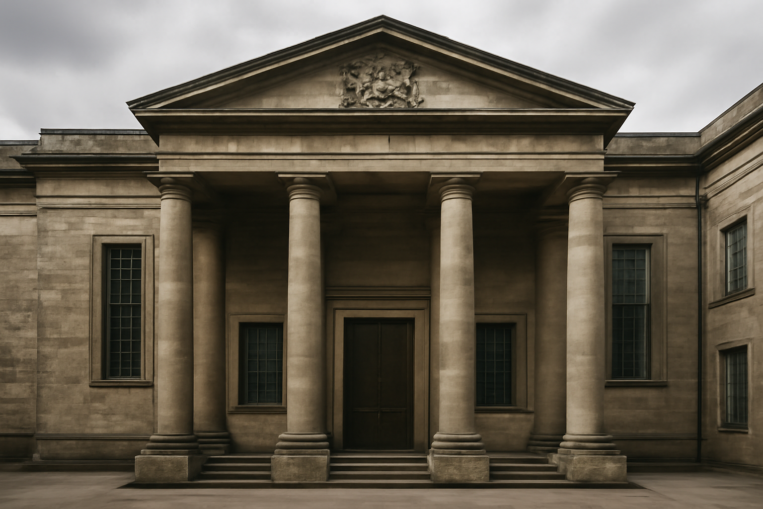 Exterior view of a UK crown court building with stone columns under daylight