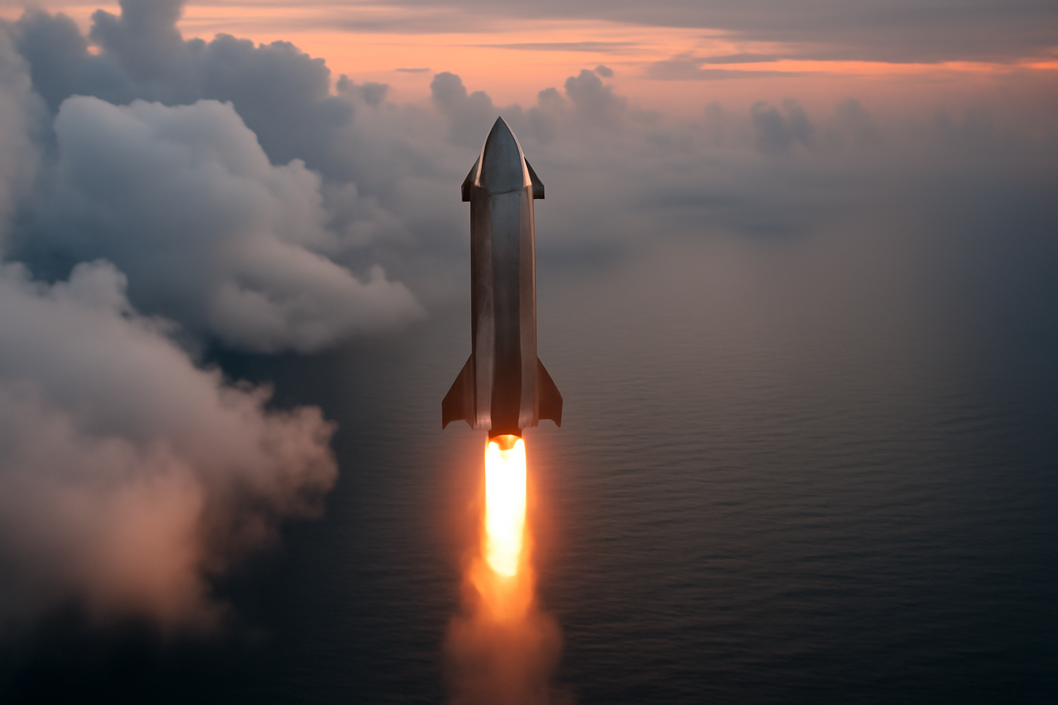 Starship rocket descending toward the ocean surface trailing exhaust during reentry
