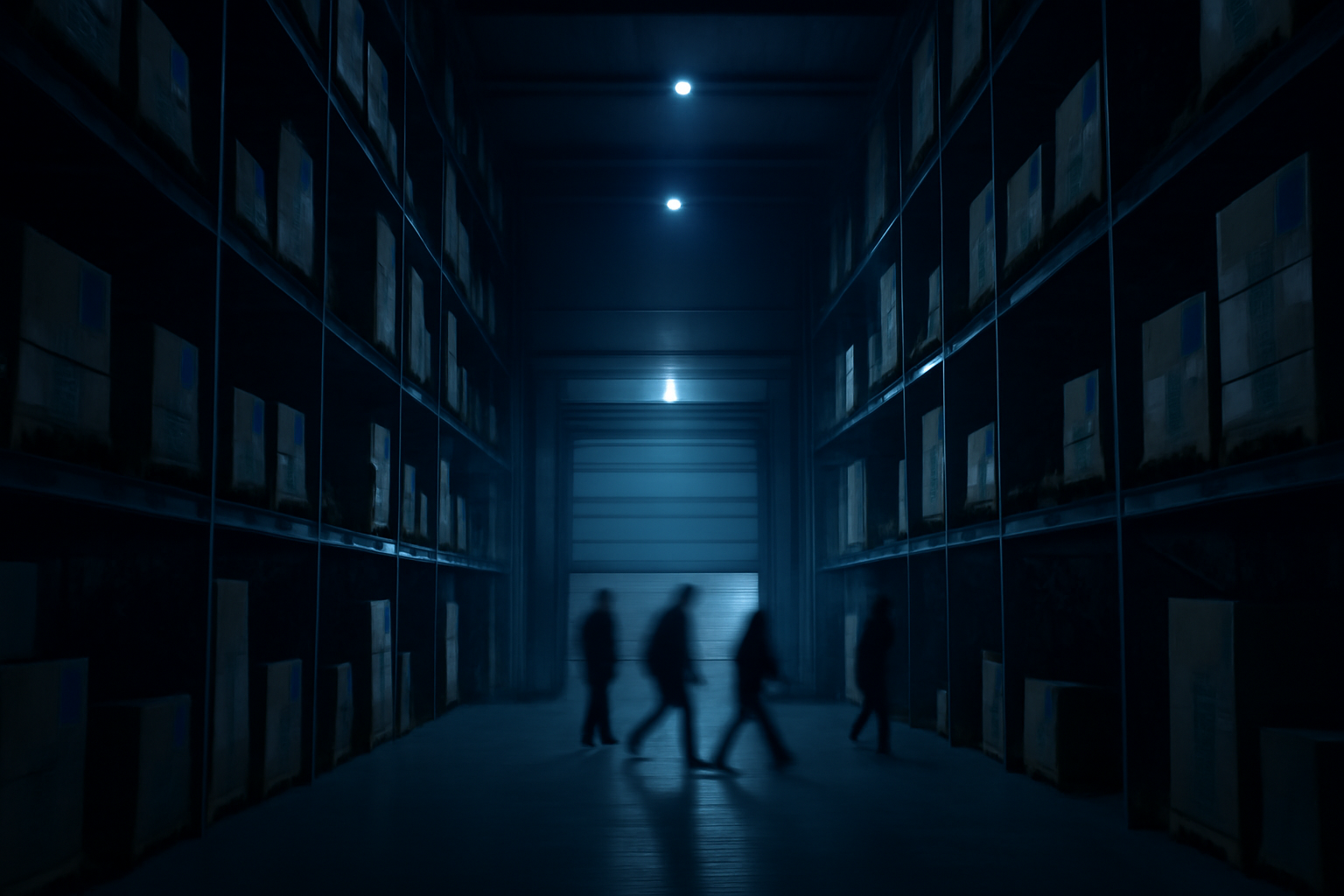 Rows of warehouse shelving and packages inside a large Russian e-commerce distribution center at night