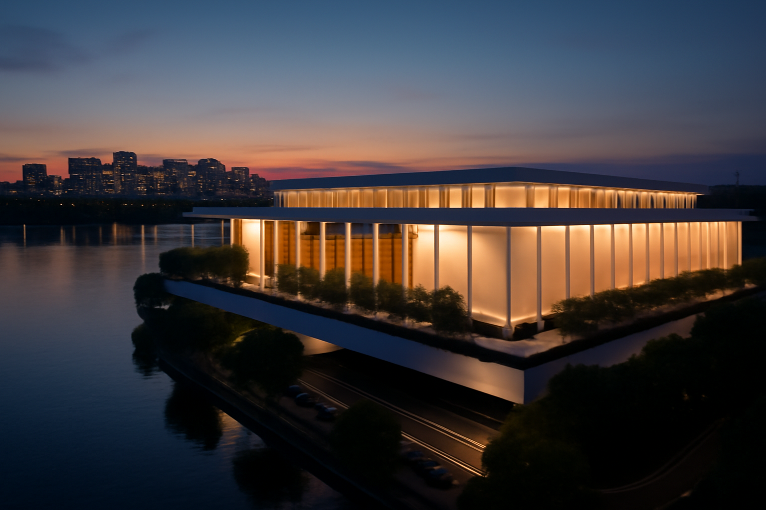 Exterior facade of the Kennedy Center along the Potomac River in Washington, D.C.