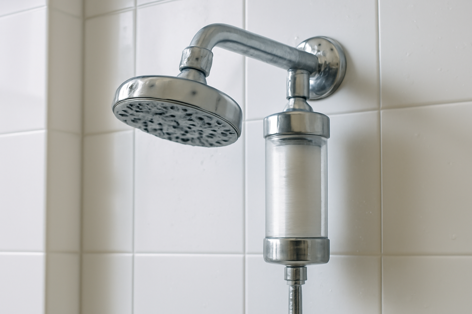 A chrome showerhead with a built-in filter cartridge mounted above a white tiled shower wall