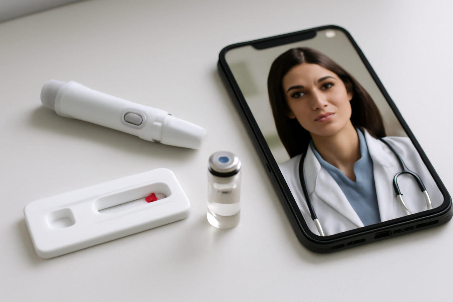 A capillary blood test kit and injectable vial on a clinical counter