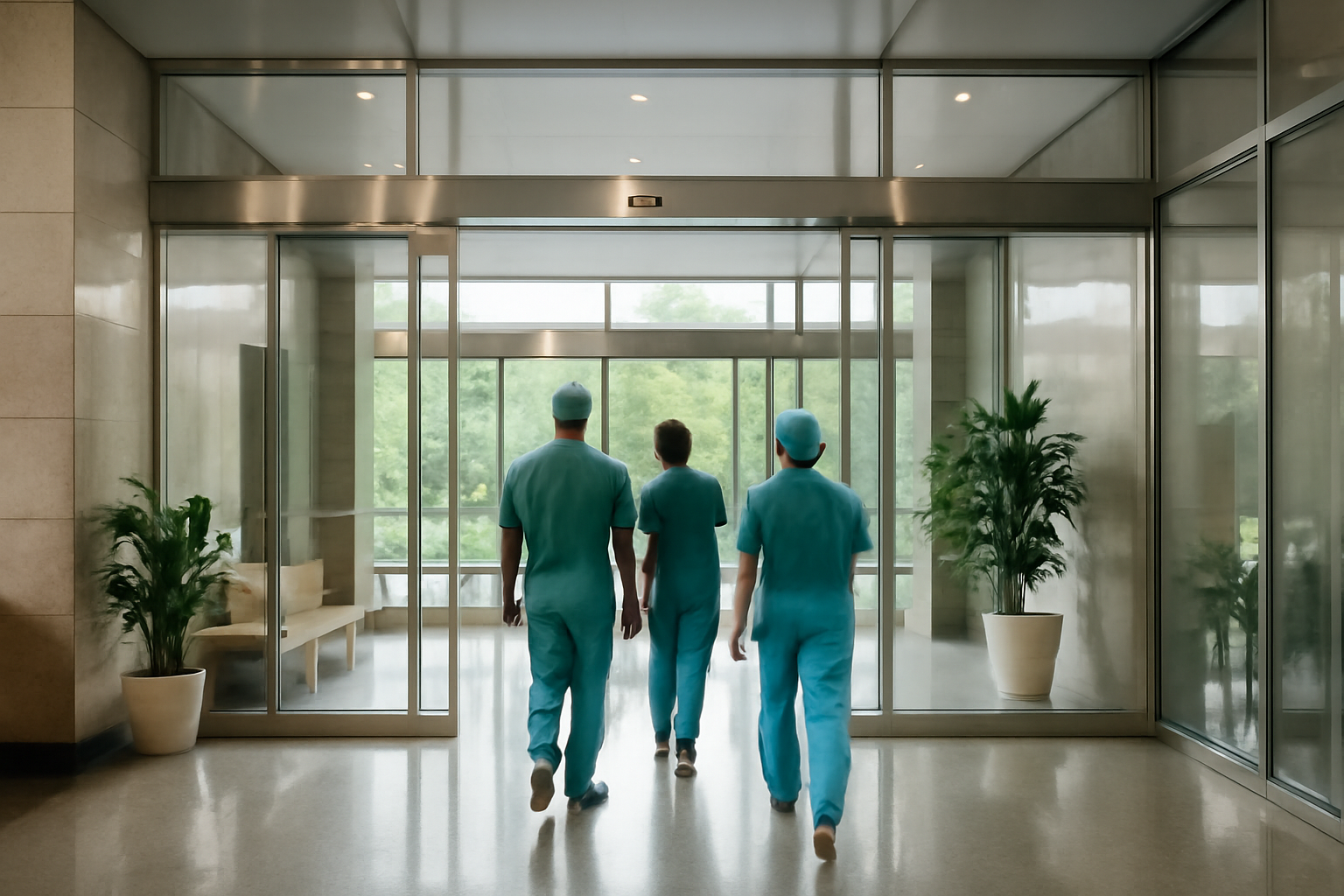 Modern hospital entrance in Bengaluru with staff and patients moving through the lobby