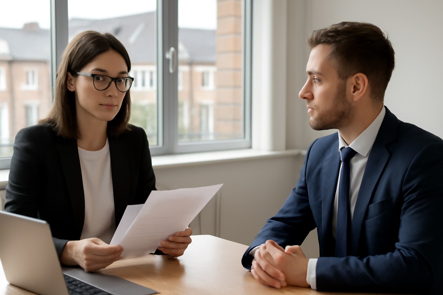 A job applicant sits across a desk from an interviewer holding a clipboard in a modern UK office