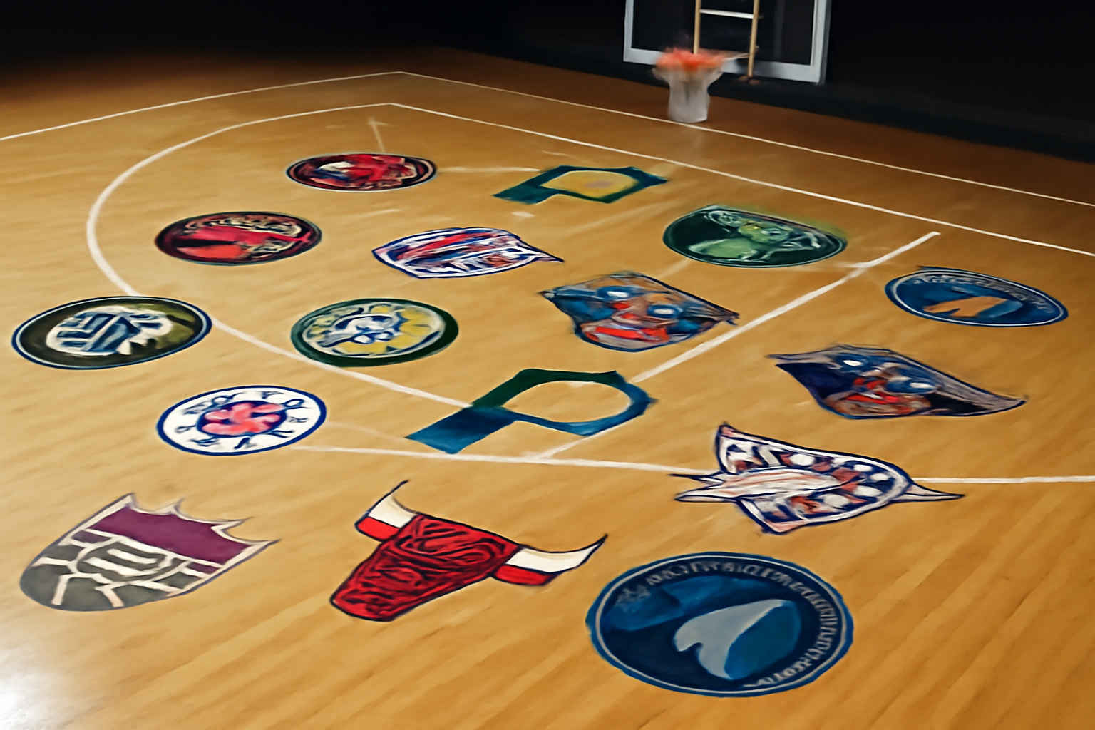 Basketball court with NBA team logos