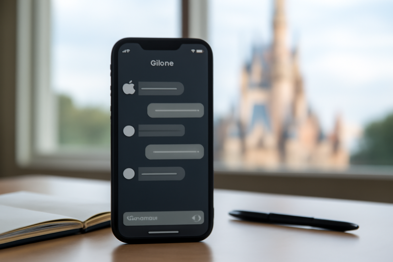 Smartphone screen displaying a chatbot interface beside a blurred Disney castle logo in the background