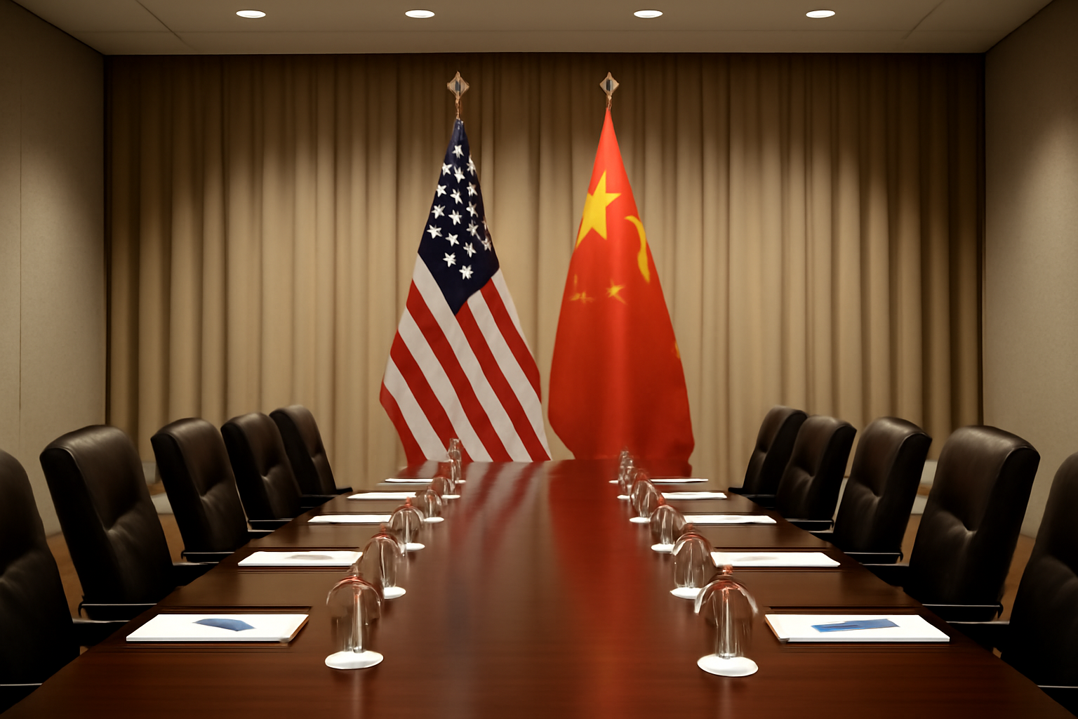 Two national flags, American and Chinese, displayed side by side at a formal diplomatic summit setting