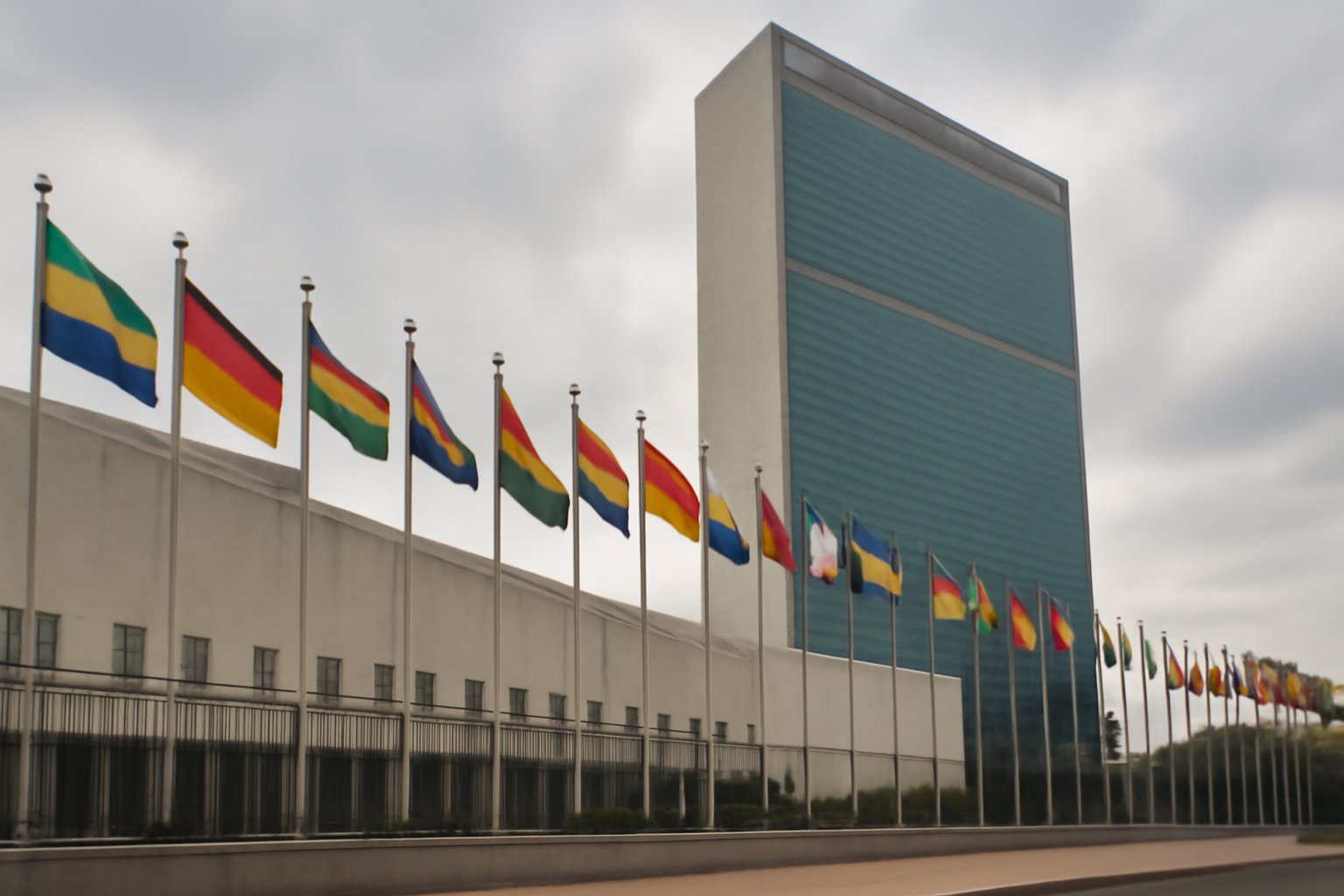 United Nations headquarters building in New York with flags outside during General Assembly week