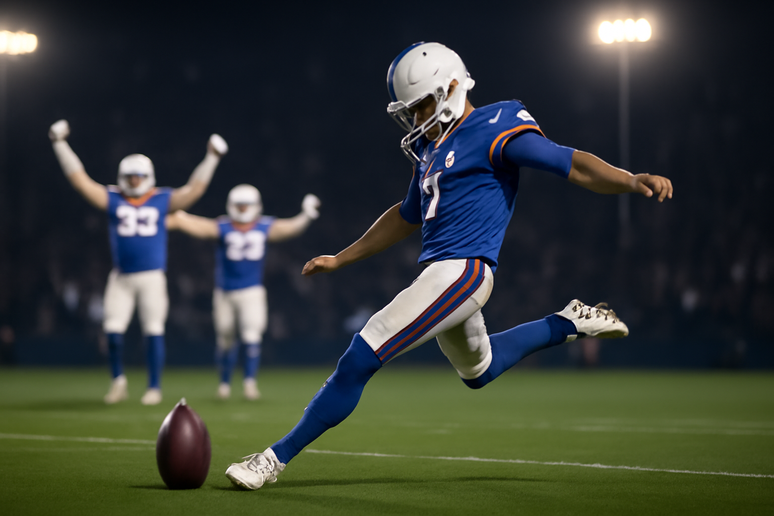 A Buffalo Bills kicker follows through on a game-winning field goal attempt as teammates react on the sideline under stadium lights