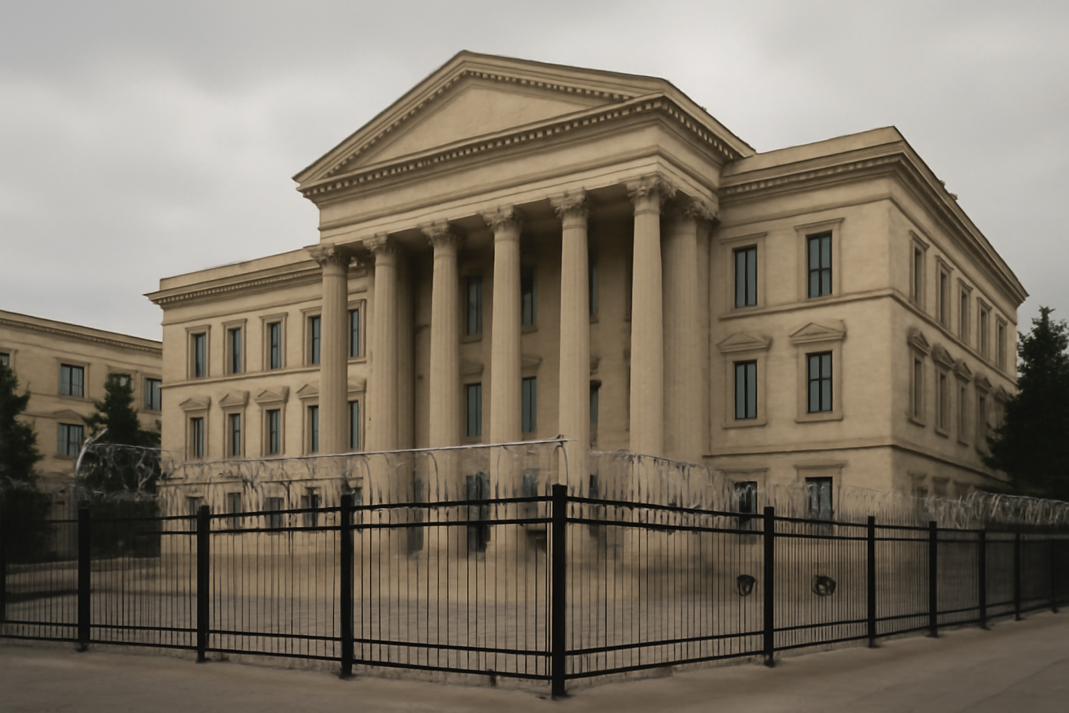 Exterior of a Baku courthouse with security barriers, overcast sky