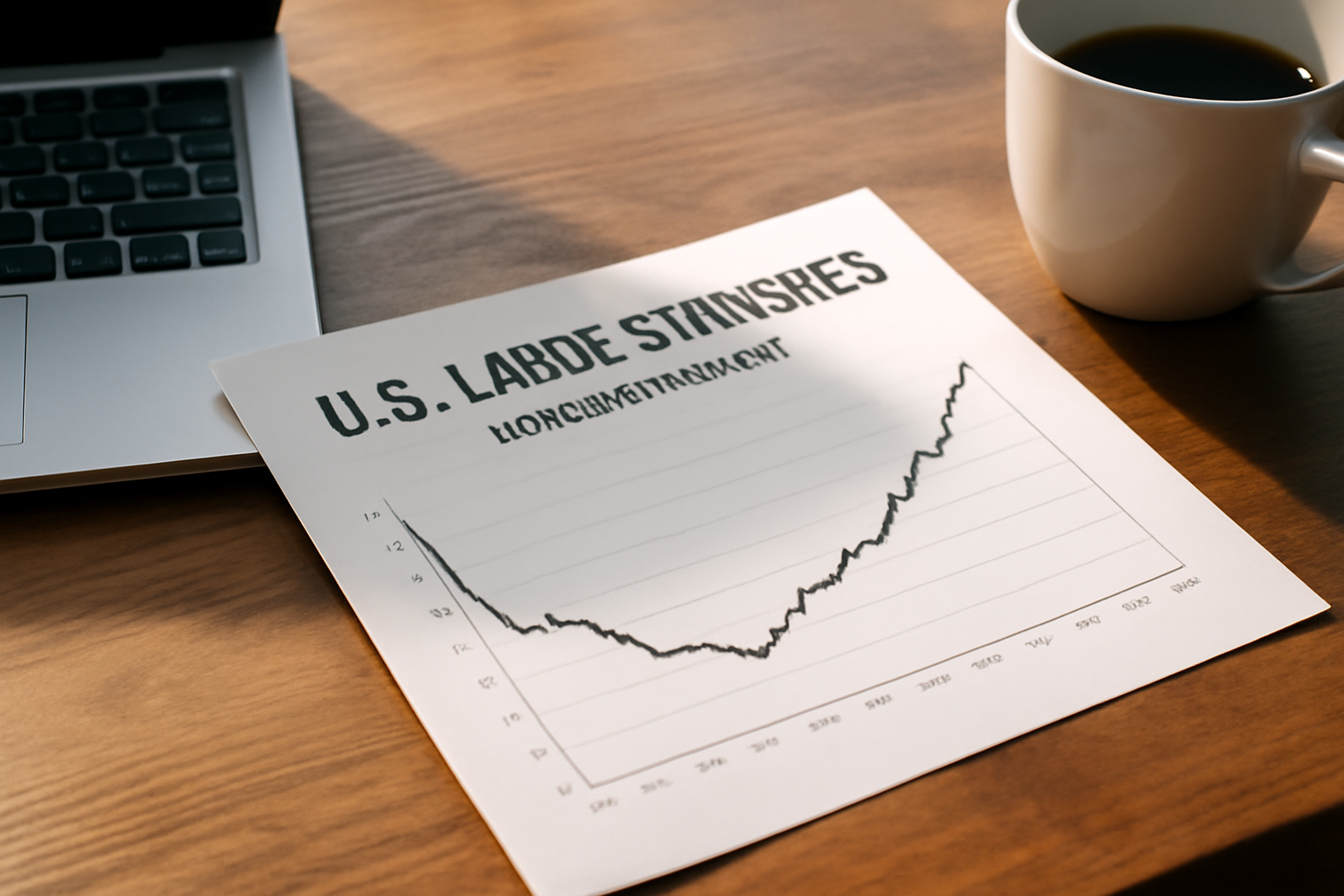 A line chart showing the U.S. unemployment rate ticking upward on a printed labor statistics report