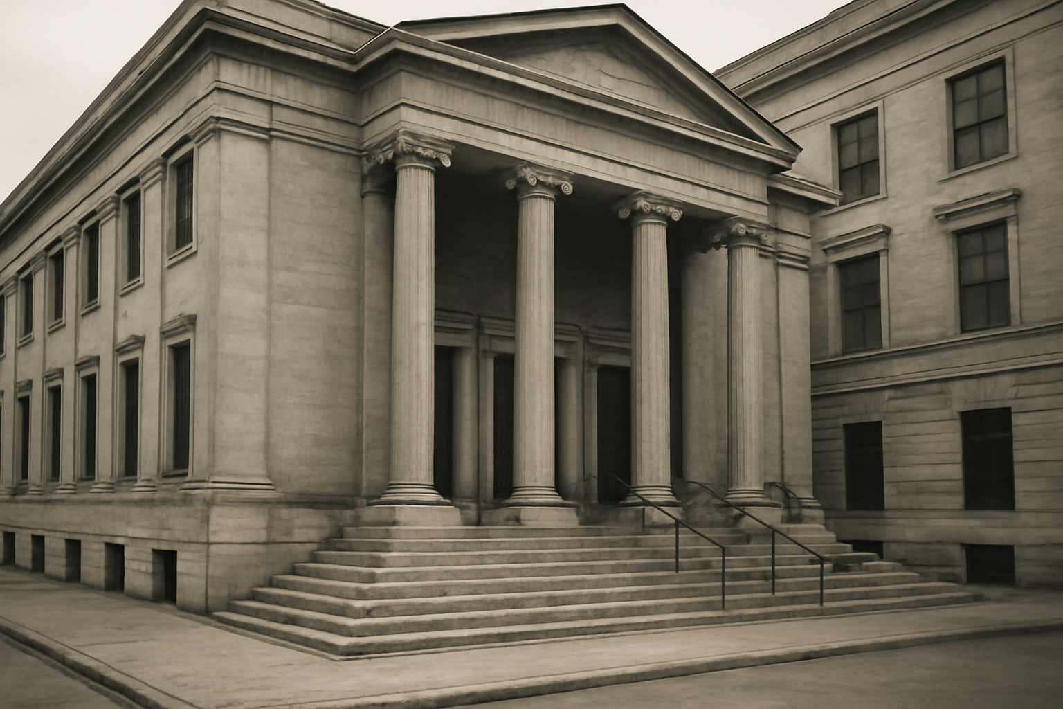 Exterior of a state courthouse building under a clear sky, symbolizing a legal settlement in a corporate merger case