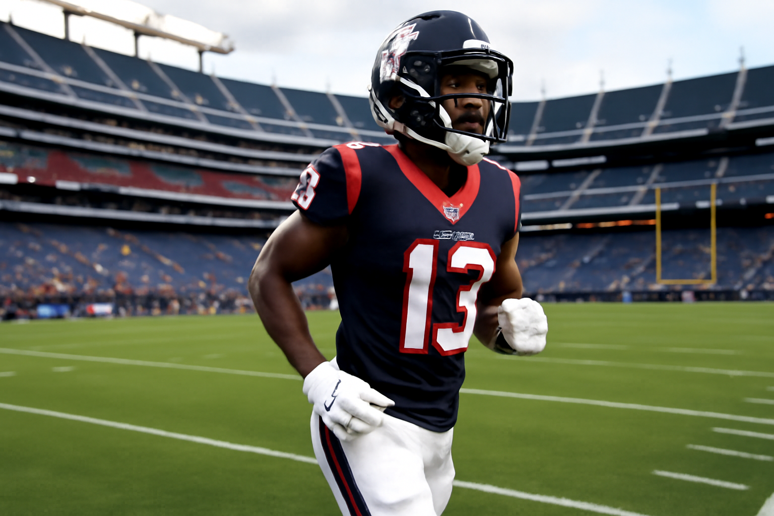 Houston Texans wide receiver in uniform jogging onto an NFL field before kickoff