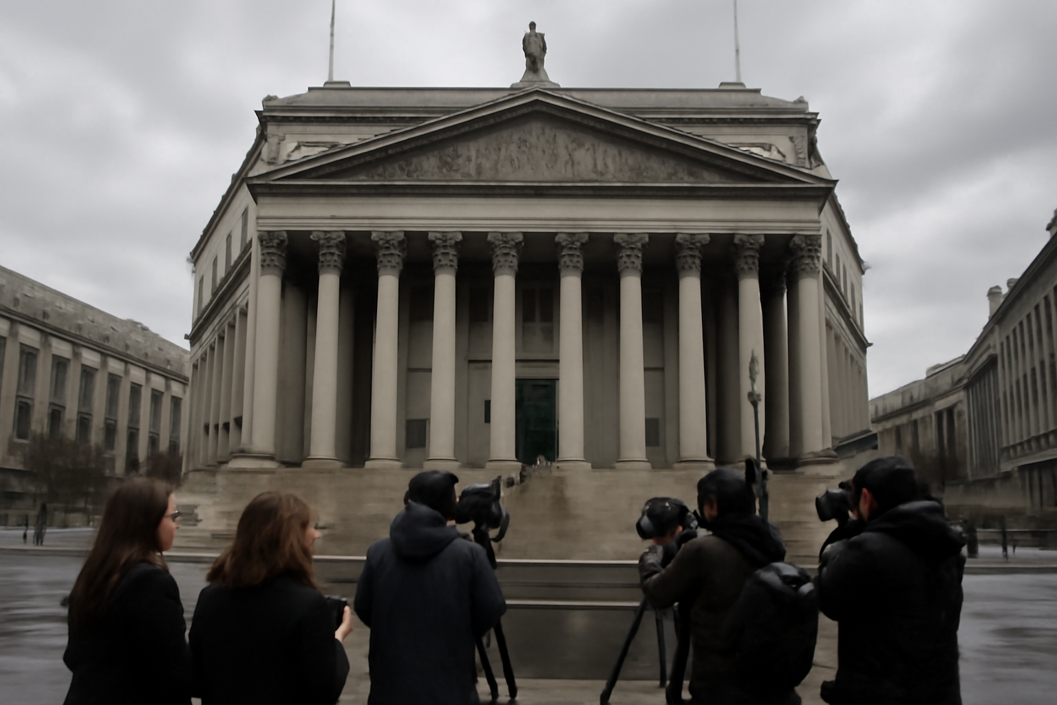 Exterior of a federal courthouse in New York with reporters gathered outside