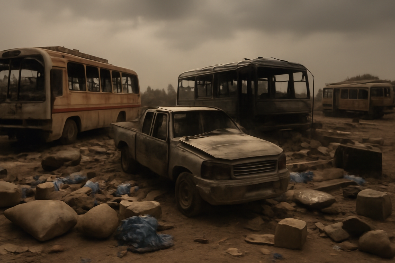 Aftermath of a drone strike near a rural market transport hub in Sudan with debris and onlookers