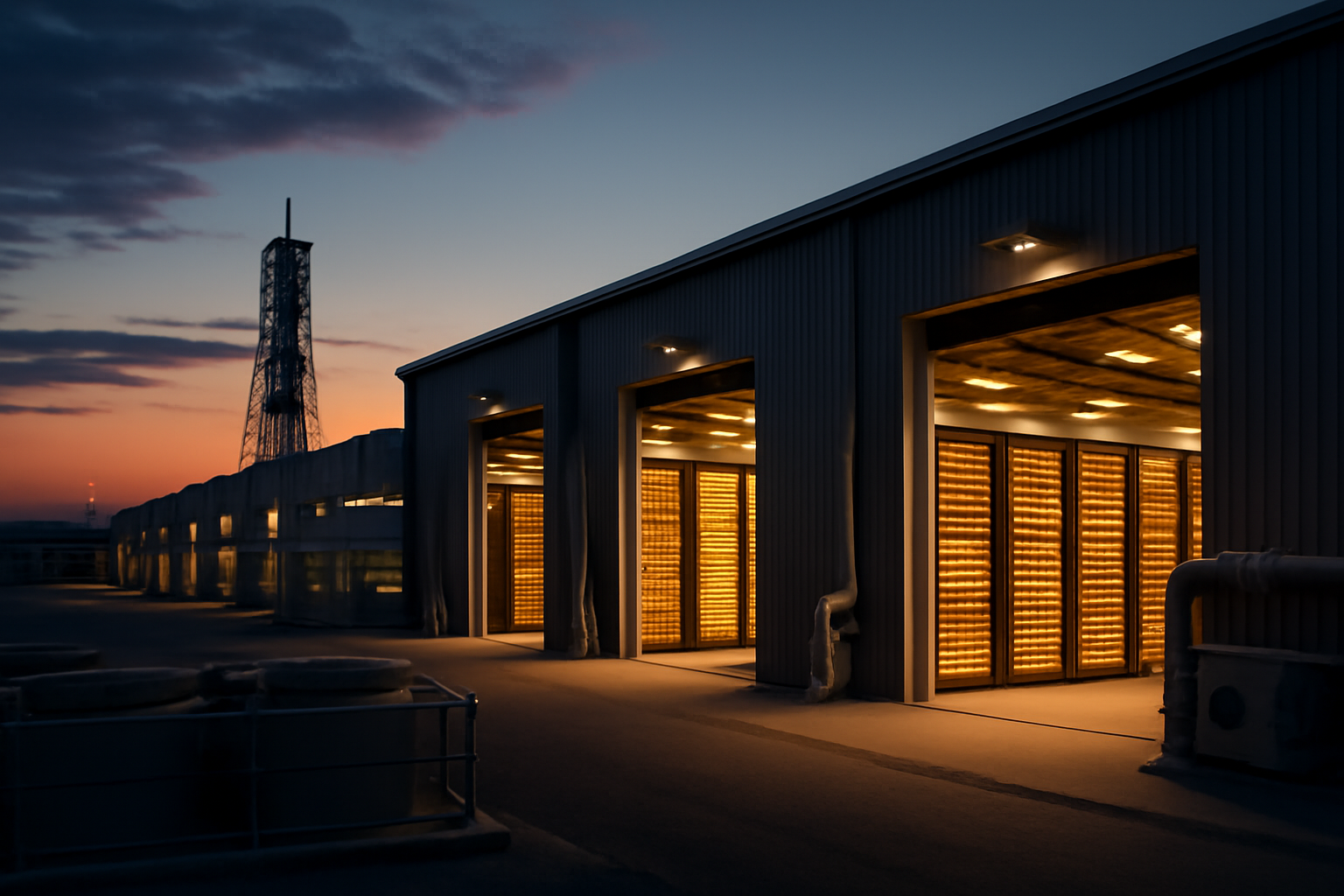 SpaceX data center and rocket facility under construction at night with server racks and launch tower