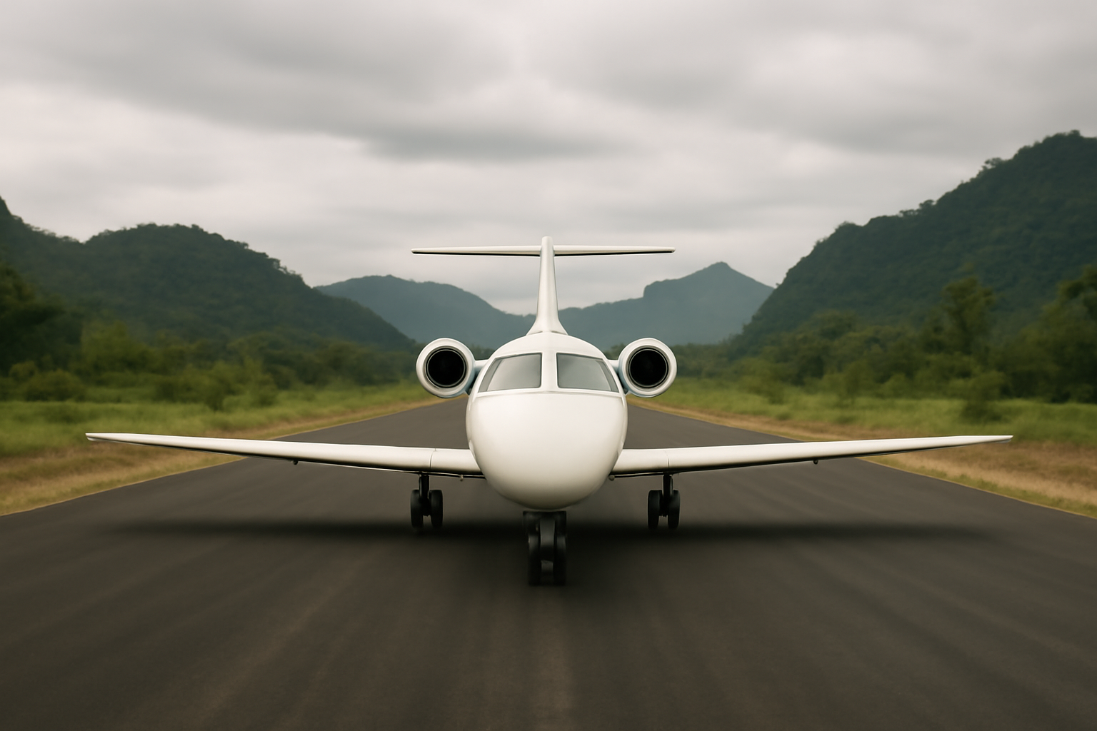 Small jet aircraft parked on a newly built runway surrounded by rural Laotian countryside