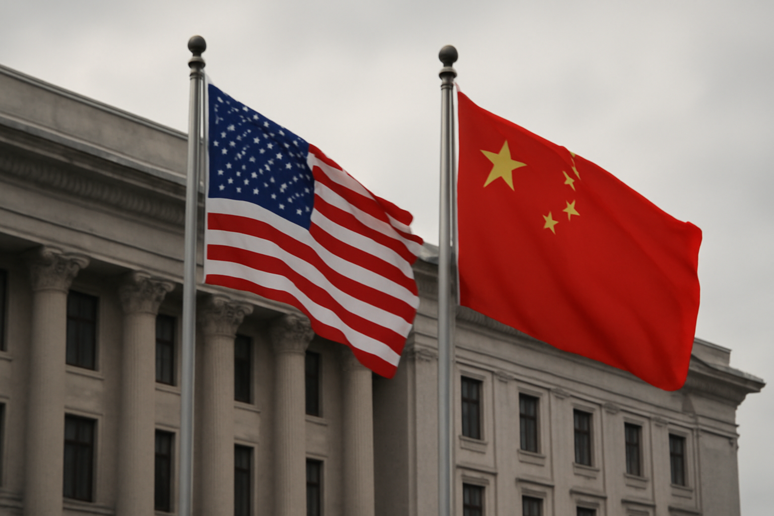 Flags of the United States and China displayed near a conference table setting