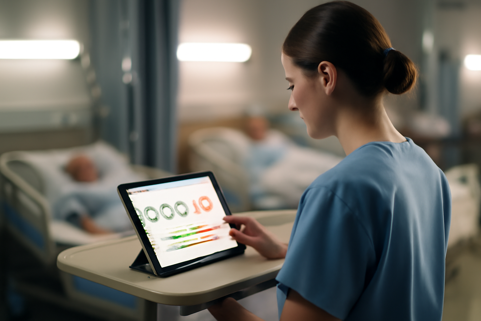 Hospital nurse reviewing a patient risk dashboard on a tablet at a bedside workstation